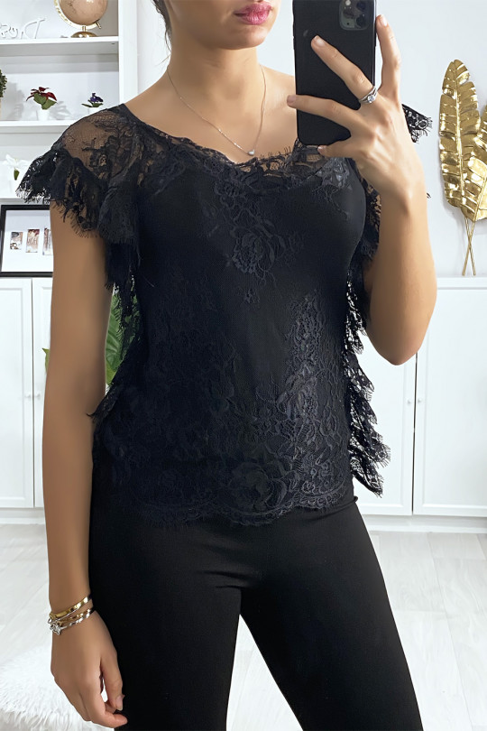 Black lace top with ruffle sleeves - 2