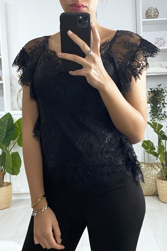 Black lace top with ruffle sleeves - 1