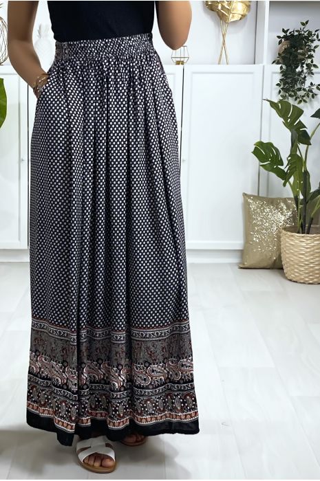 Longue jupe à motif noir et rouge avec poches - 1