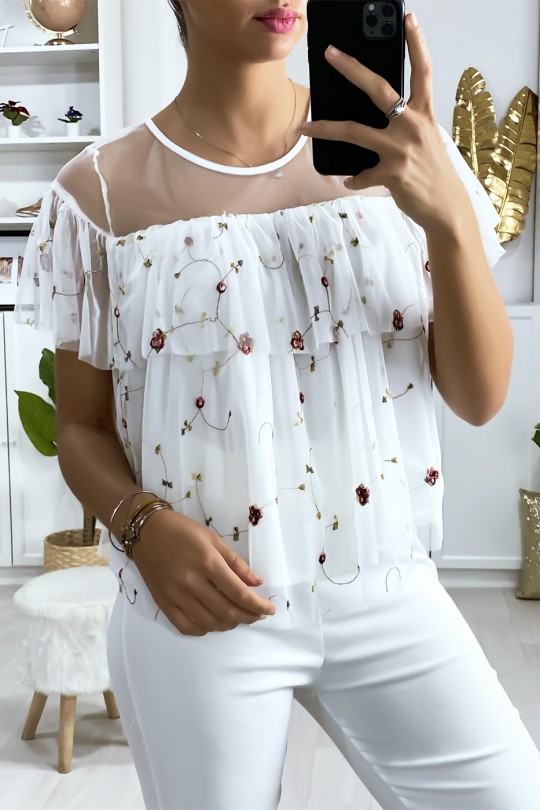 White blouse with ruffle in embroidered tulle - 2