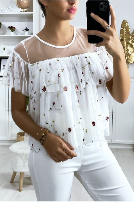 Witte blouse met ruche in geborduurde tule - 3
