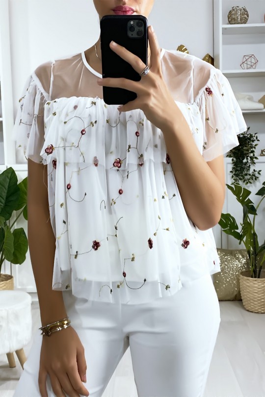 Witte blouse met ruche in geborduurde tule - 1