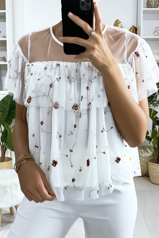 White blouse with ruffle in embroidered tulle - 4