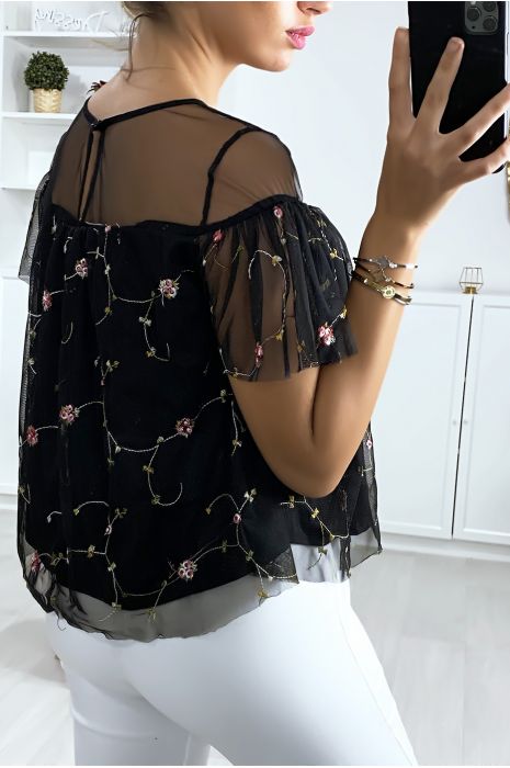 Blouse noire à volant en tulle brodé - 4