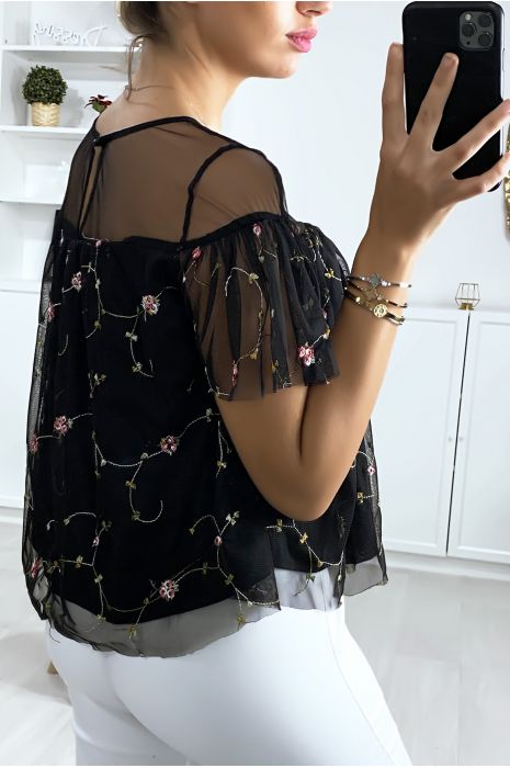 Blouse noire à volant en tulle brodé - 5