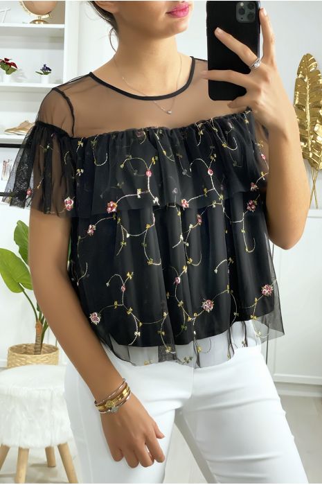 Blouse noire à volant en tulle brodé - 3