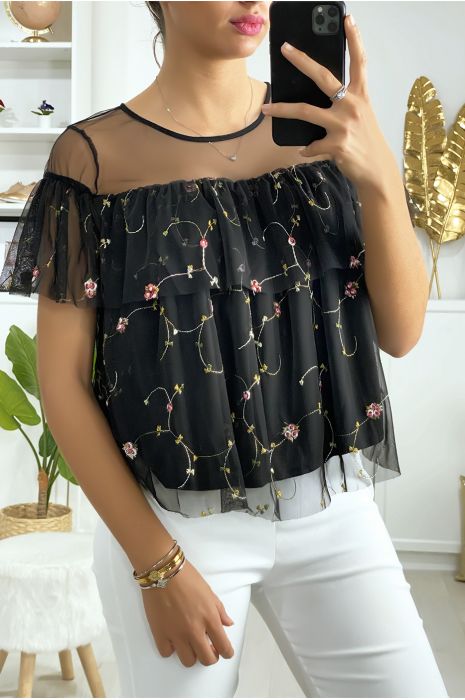 Blouse noire à volant en tulle brodé - 2