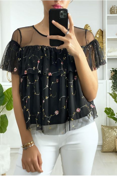 Blouse noire à volant en tulle brodé - 1