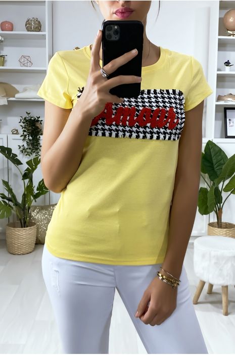 Tee-shirt jaune avec morceaux et écriture Amour - 3