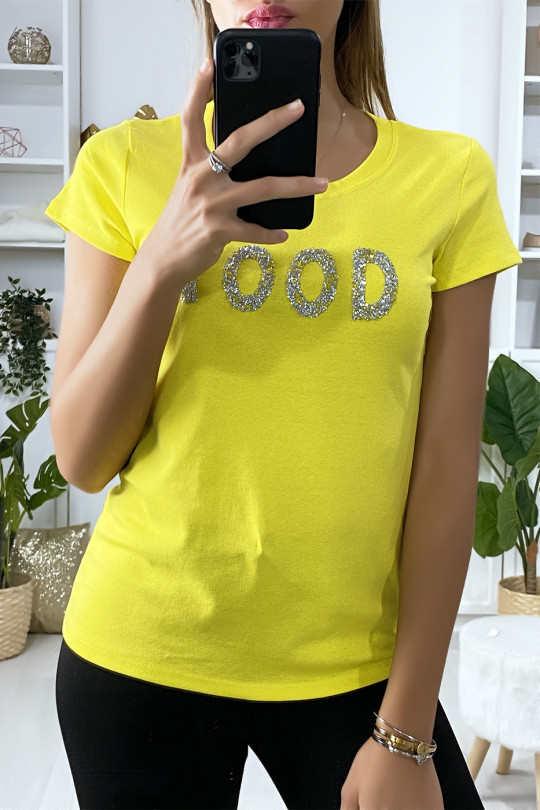 Yellow cotton T-shirt with MOOD rhinestone writing on the front - 1