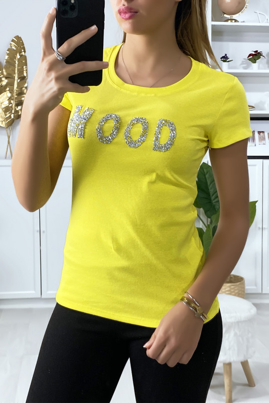 Yellow cotton T-shirt with MOOD rhinestone writing on the front - 4