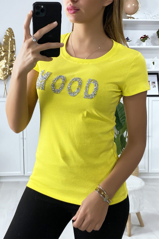Yellow cotton T-shirt with MOOD rhinestone writing on the front - 2