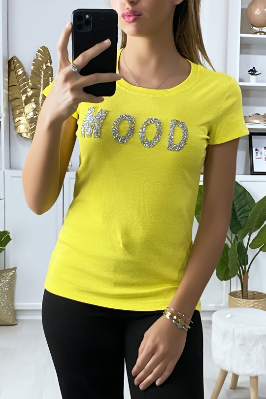 Yellow cotton T-shirt with MOOD rhinestone writing on the front - 3