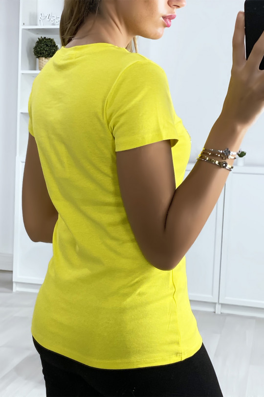 Geel katoenen T-shirt met MOOD-strass op de voorkant - 6