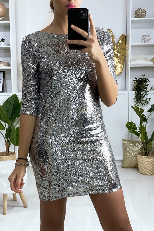 Lined silver sequin dress with open back - 1