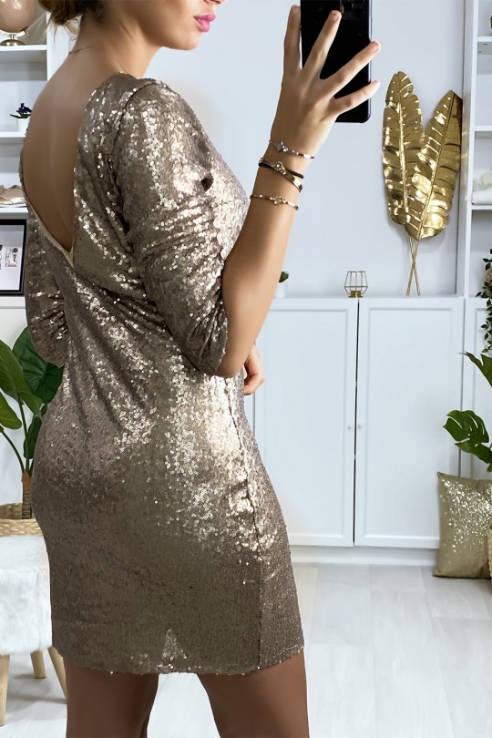 Lined gold sequined dress with open back - 4