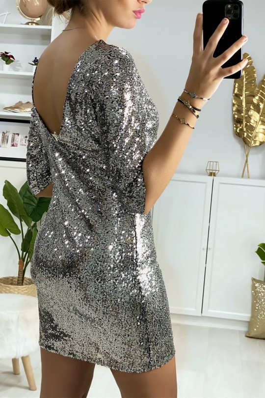 Lined silver sequin dress with open back - 4