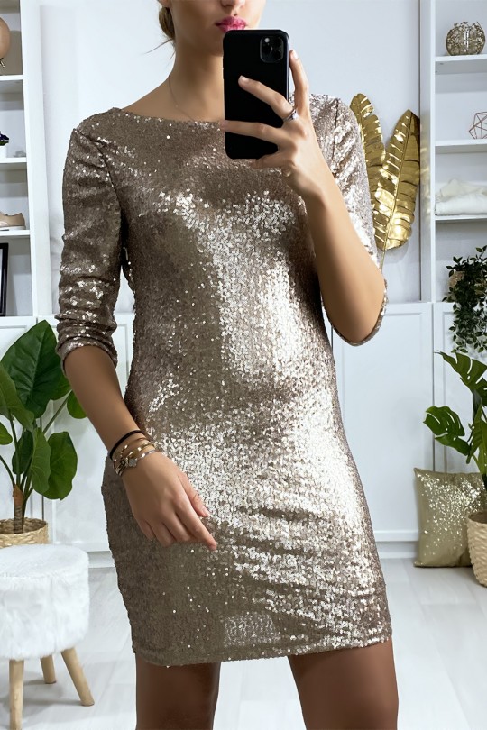 Lined gold sequined dress with open back - 1