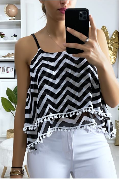 Débardeur à motif noir et blanc en forme de zigzag avec volant et mini pompon