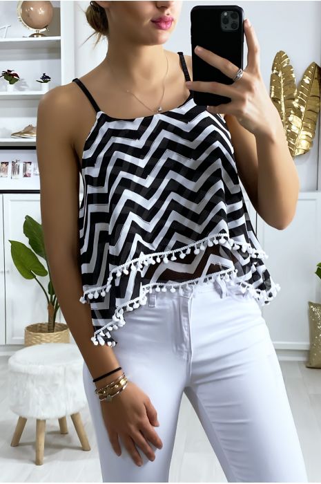 Débardeur à motif noir et blanc en forme de zigzag avec volant et mini pompon - 3