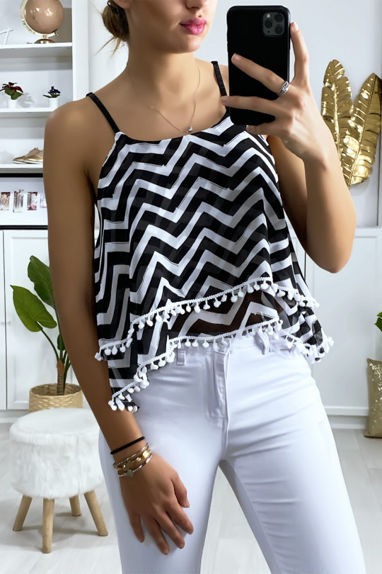 Black and white zigzag pattern tank top with frill and mini pompom - 3