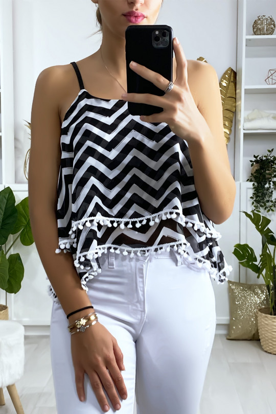 Black and white zigzag pattern tank top with frill and mini pompom - 2