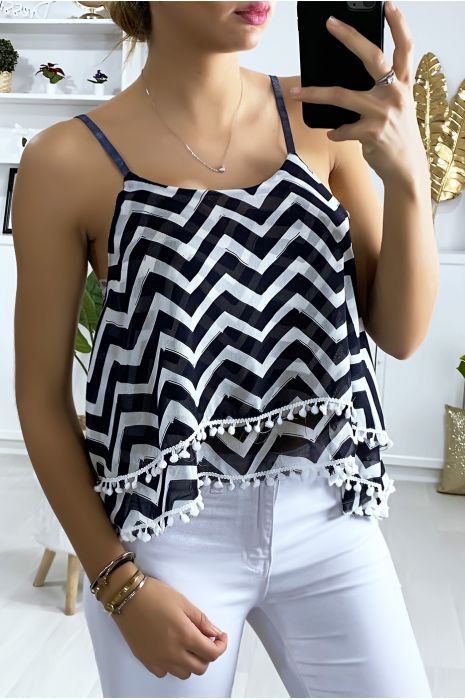 Tank top with navy and white zigzag pattern with flounce and mini pompom - 3