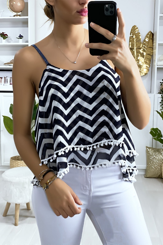 Tank top with navy and white zigzag pattern with flounce and mini pompom - 1