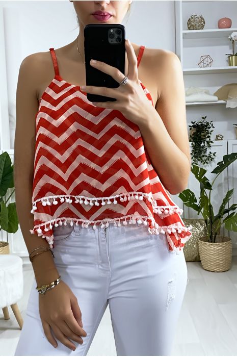 Débardeur à motif rouge et blanc en forme de zigzag avec volant et mini pompon - 1