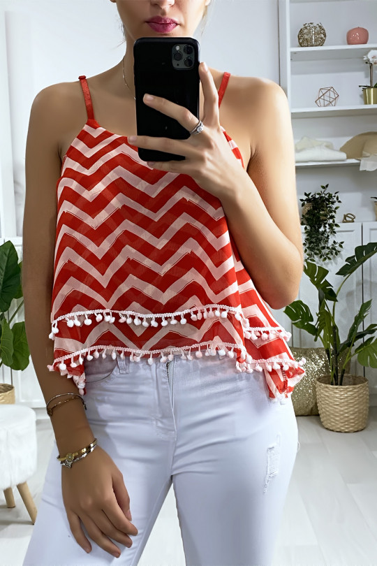 Red and white zigzag pattern tank top with ruffle and mini pompom - 1