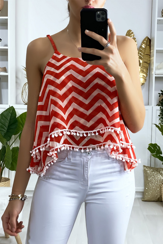 Red and white zigzag pattern tank top with ruffle and mini pompom - 3