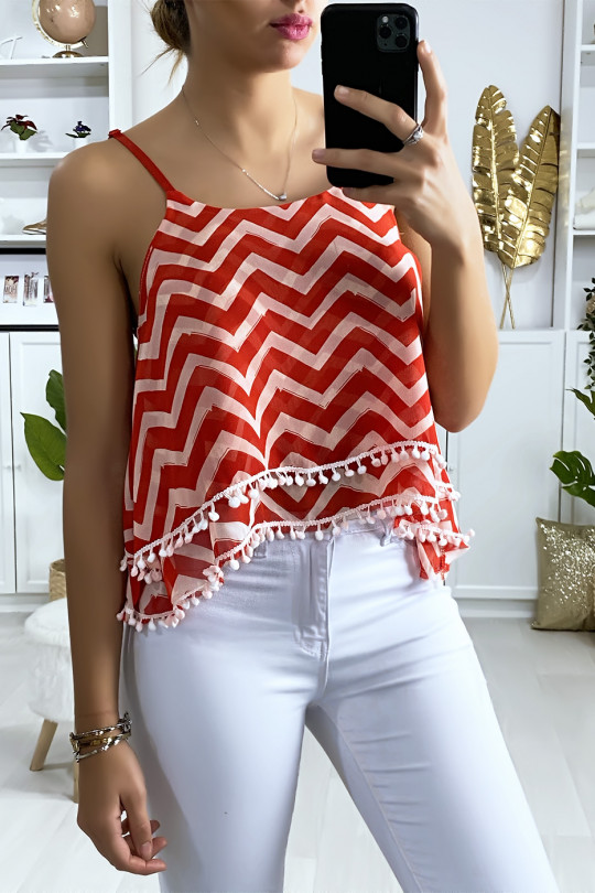 Red and white zigzag pattern tank top with ruffle and mini pompom - 2