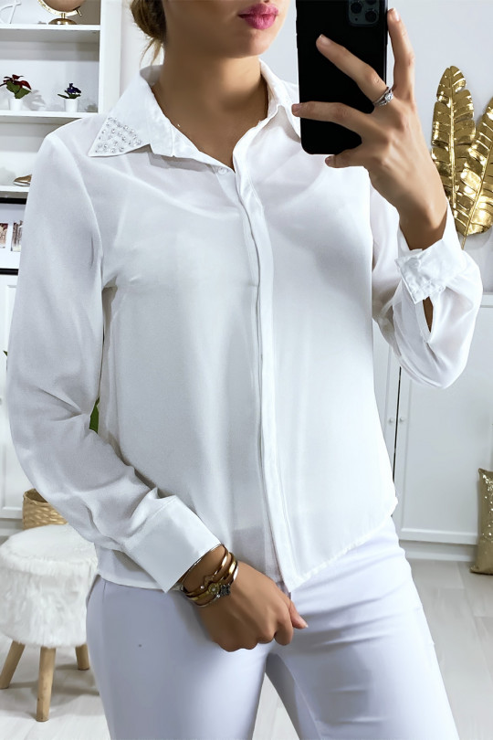 Wit overhemd met strass steentjes op de kraag - 2