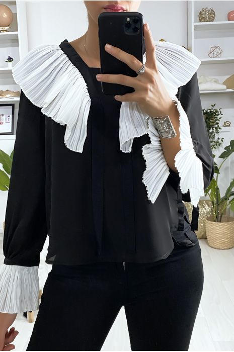 Blouse noir avec plissé au col et aux manches en blanc - 2