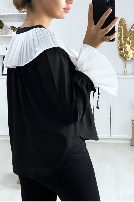 Blouse noir avec plissé au col et aux manches en blanc - 5