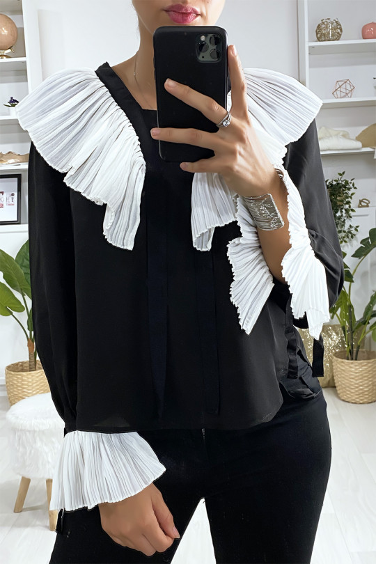 Zwarte blouse met geplooide kraag en mouwen in wit - 1