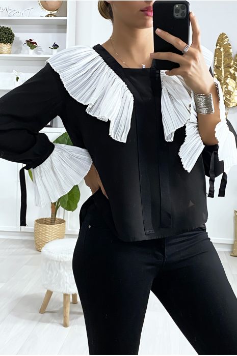 Blouse noir avec plissé au col et aux manches en blanc - 6