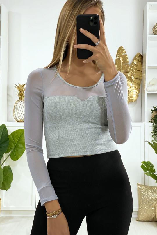 Gray ribbed knit top with fishnet bust and sleeves - 3