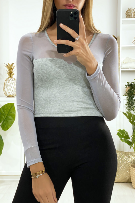 Gray ribbed knit top with fishnet bust and sleeves - 1