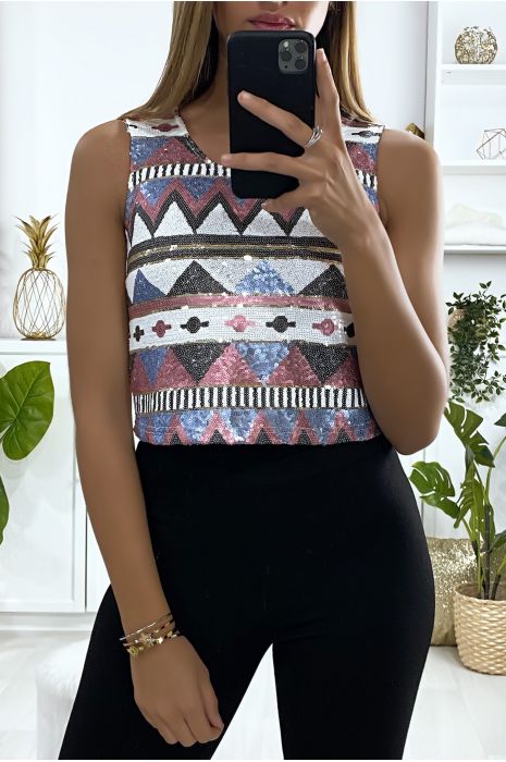 Top avec joli motif pailleté en rose - 1