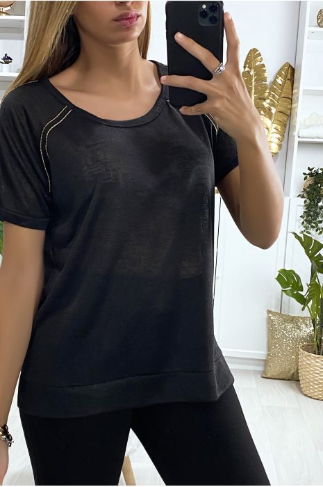 TeVTshirt noir très sportive avec fente et bandes doré - 2