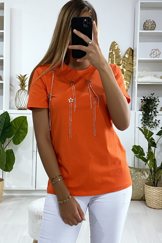 Tee-shirt orange avec accessoire étoiles et strass - 4