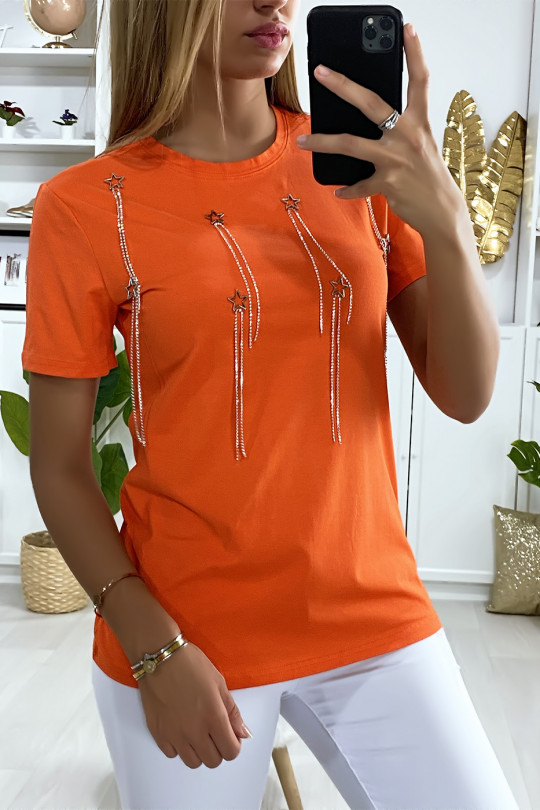 Tee-shirt orange avec accessoire étoiles et strass - 3
