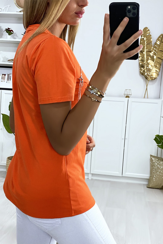 Tee-shirt orange avec accessoire étoiles et strass - 5