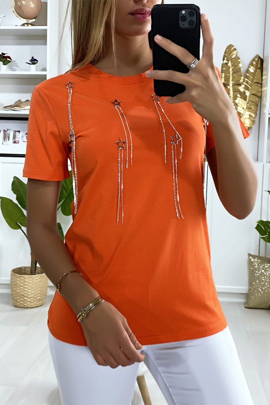 Tee-shirt orange avec accessoire étoiles et strass - 2