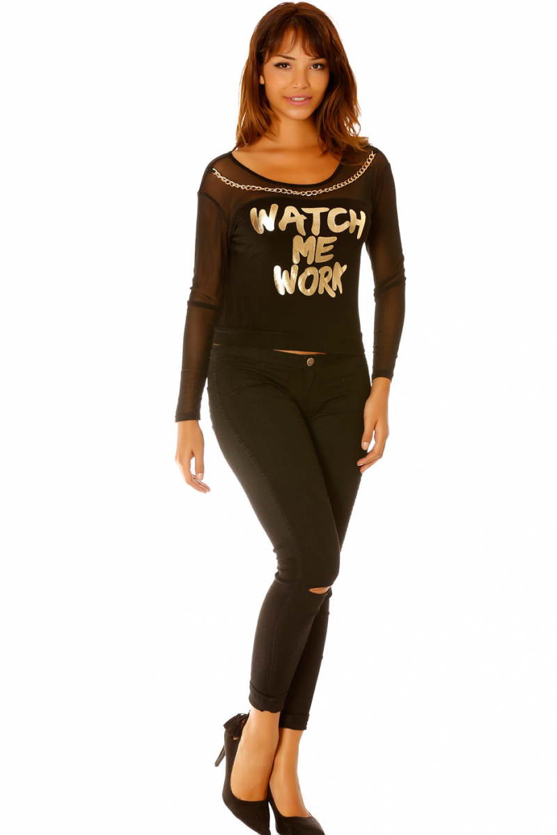 Short black t-shirt, long sleeve with chain and gold writing. Fashion F2607 - 2