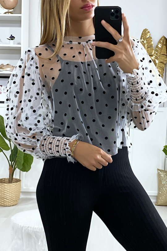 White voile blouse with small polka dots and puffed sleeves - 2