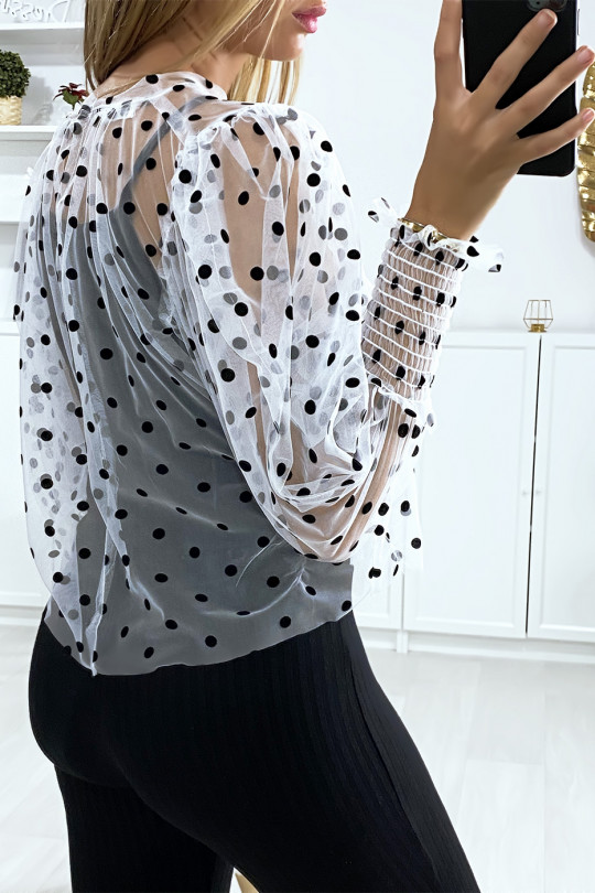 White voile blouse with small polka dots and puffed sleeves - 5
