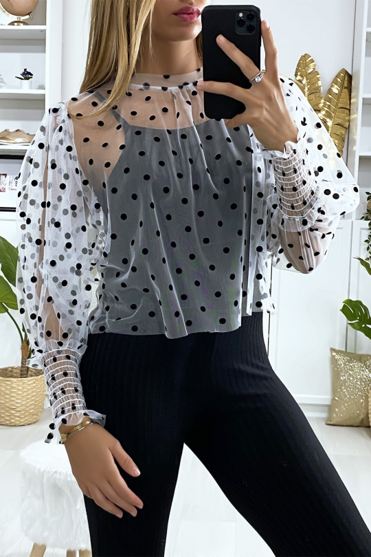 White voile blouse with small polka dots and puffed sleeves - 3
