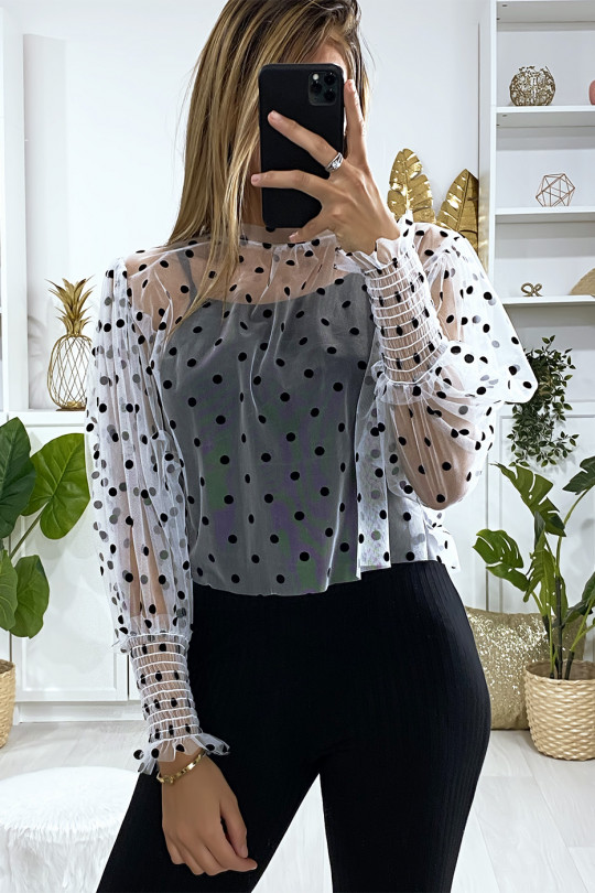 White voile blouse with small polka dots and puffed sleeves - 4